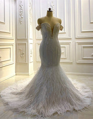 White Mermaid Sequins Pearls Feather Wedding Dresses