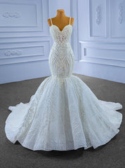 White Mermaid Sequins Spaghetti Straps Pearls Wedding Dresses