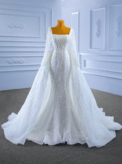 White Mermaid Sequins Square Neck Wedding Dresses With Detachable Train