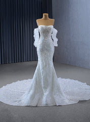 White Mermaid Sequins Strapless Wedding Dresses With Train