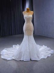 White Mermaid Sequins Wedding Dresses With Train