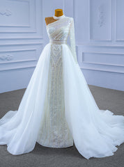 White Mermaid Seuqins Long Sleeve Pearls Wedding Dresses