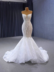 White Mermaid Strapless Pearls Wedding Dresses