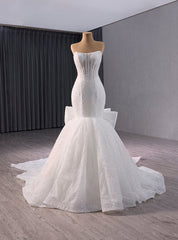 White Mermaid Strapless Wedding Dresses With Bow