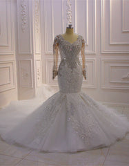 White Mermaid Tulle Appliques Beading Pearls Wedding Dresses