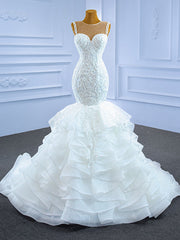 White Mermaid Tulle Appliques Wedding Dresses