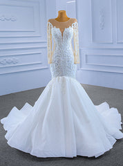 White Mermaid Tulle Long Sleeve Beading Wedding Dresses