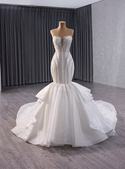 White Mermaid Tulle Sequins Beading Strapless Wedding Dresses