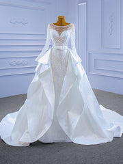 White Mermaid Tulle Sequins Long Sleeve Wedding Dresses With Detachable Train