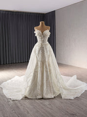 White Mermaid Tulle Strapless Beading Wedding Dresses With Detachable Tail