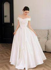 White Off Shoulder Simple Satin Wedding Party Dresses, White Long Prom Dresses