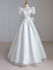 White Organza Short Sleeve Bow Wedding Dresses