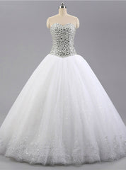 White Rhinestone Long Sweetheart Tulle Wedding Dresses