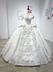 White Satin Appliques Beading Floor Length Wedding Dresses