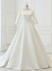 White Satin Backless 3/4 Sleeve Wedding Dresses With Big Bow