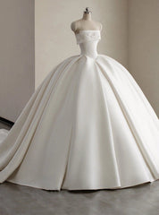 White Satin Ball Gown Strapless Wedding Dresses