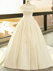 White Satin Bateau Backless Cap Sleeve Wedding Dresses