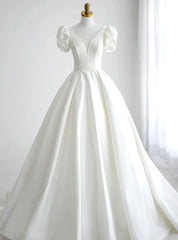 White Satin Bateau Neck Puff Sleeve Backless Wedding Dresses