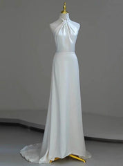 White Satin Halter Open Back Wedding Dresses