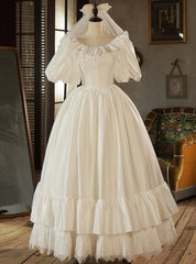 White Satin Lace Puff Sleeve Pearls Wedding Dresses