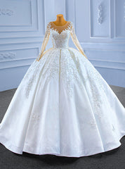 White Satin Long Sleeve Appliques Beading Wedding Dresses