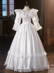 White Satin Long Sleeve Lace Vintage Dresses