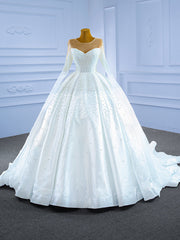 White Satin Long Sleeve Pearls Illusion Neck Wedding Dresses