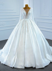 White Satin Long Sleeve Pearls Illusion Wedding Dresses