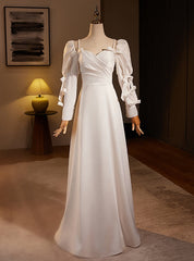 White Satin Long Sleeve Square Neck Pleats Wedding Dresses