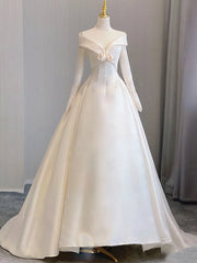 White Satin Long Sleeve Wedding Dresses