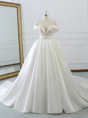 White Satin Off The Shoulder Appliques Wedding Dresses With Beading