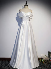 White Satin Off the Shoulder Beading Prom Dresses