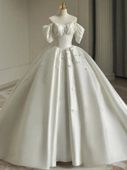 White Satin Off the Shoulder Crystal Wedding Dresses