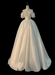 White Satin Off the Shoulder Hand Work Flower Wedding Dresses