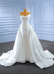 White Satin Off the Shoulder Pearls Wedding Dresses