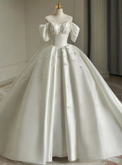 White Satin Off the Shoulder Pleats Beading Wedding Dresses