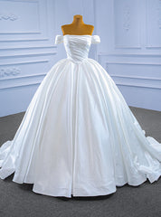 White Satin Off the Shoulder Pleats Wedding Dresses