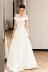 White Satin Off the Shoulder Prom Dresses, A-Line Floor Length Evening Party Dresses