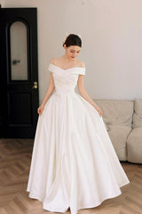 White Satin Off the Shoulder Prom Dresses, A-Line Floor Length Evening Party Dresses