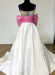 White Satin Pink Bow Beading Prom Dresses