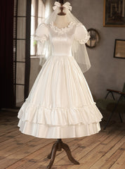 White Satin Puff Sleeve Button Wedding Dress