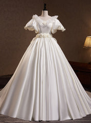 White Satin Puff Sleeve Flower Wedding Dresses