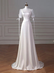 White Satin Square Short Sleeve Wedding Dresses