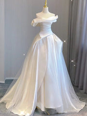 White Satin Tulle Off the Shoulder Pleats Wedding Dresses