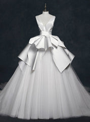 White Satin Tulle See Through Neck Backless Wedding Dresses