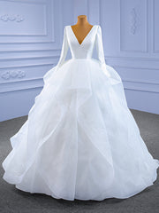 White Satin V-neck Long Sleeve Wedding Dress