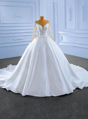 White See-through Neck Satin Long Sleeve Beading Sequins Wedding Dresses