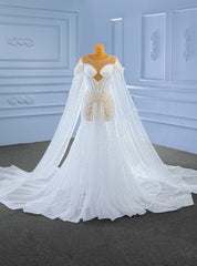 White See Through Tulle Pearls Wedding Dresses