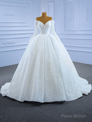 White Sequins Beading Long Sleeve Wedding Dress