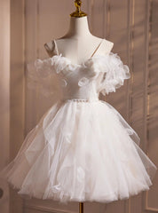 White Spaghetti Strap Tulle Flower Homecoming Dresses